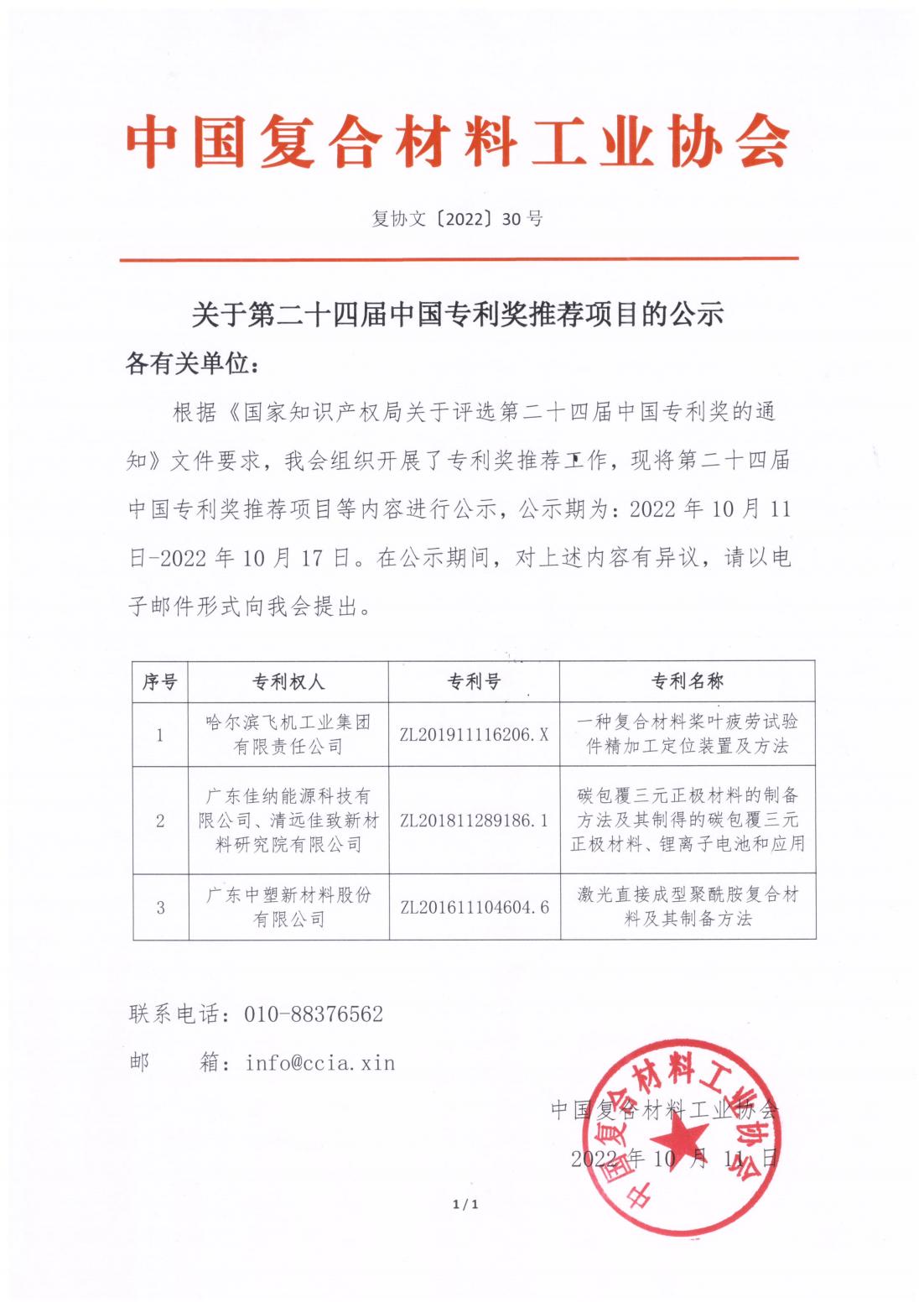 關(guān)于第二十四屆中國專利獎推薦項目的公示